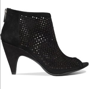INC Guthrie open toe black suede booties with circle cut outs on fabric.